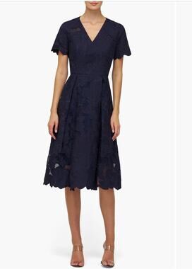 Kay Unger Luna Midnight Blue Embroidered Midi Dress Size 8